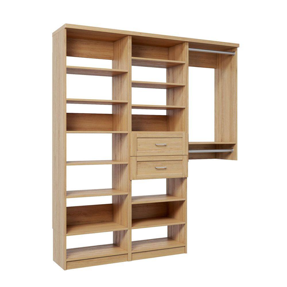 58.5 in. W Natural Oak Reach-in Floor-Mount 2-Rod 2-Shaker-Drawers 14-Shelf Wood Closet System