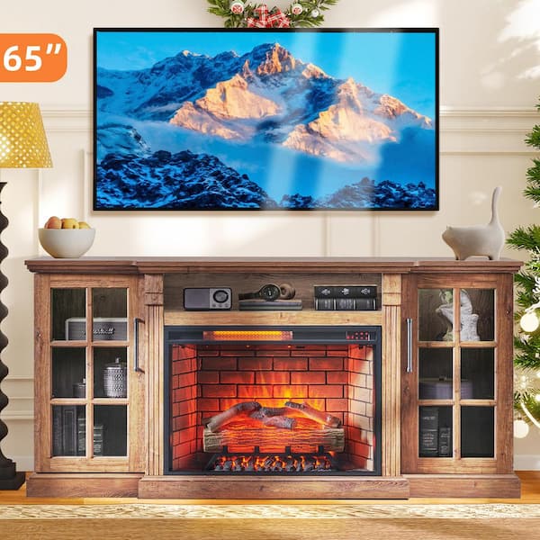 ToolCat 65 in. Freestanding Fireplace TV Stand with 28 in. Electric Fireplace and LED Light in Brown, for TVs up to 75 in.