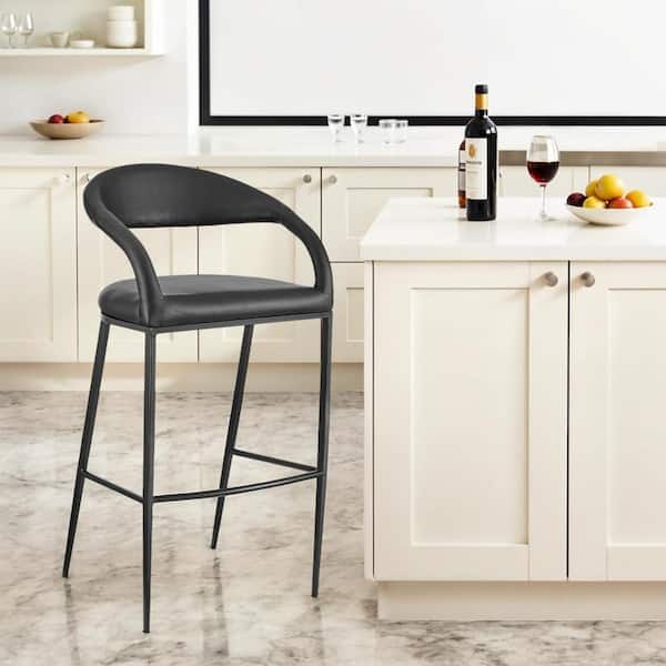 HomeRoots 30 Black Low Back Metal Bar Stool Faux Leather Seat