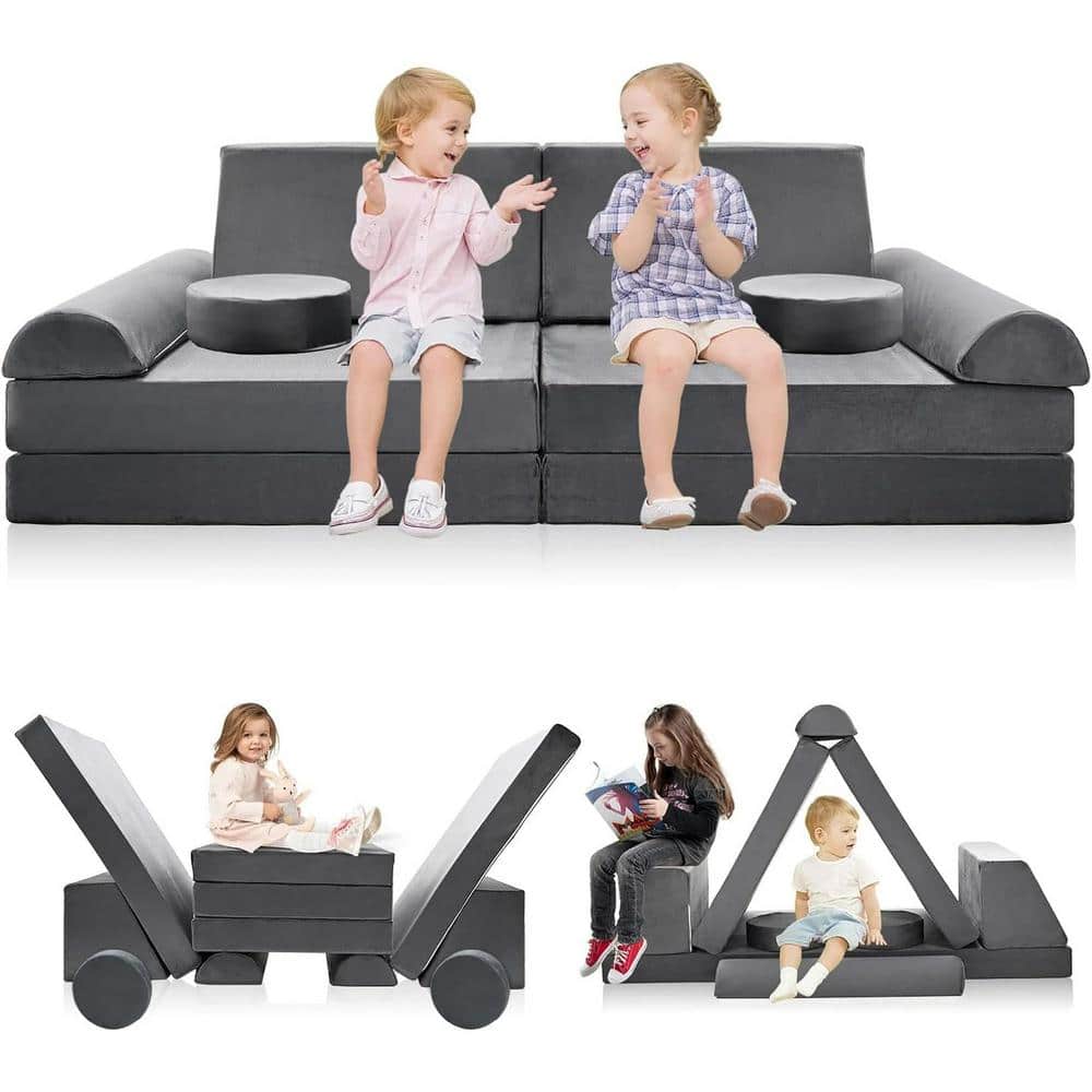 BOZTIY 10-Piece Gray Convertible Kids Couch Modular Fold Out