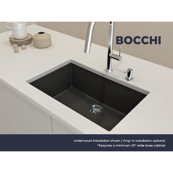 Campino Uno Metallic Black Granite Composite 27 in. Single Bowl Drop-In/Undermount Kitchen Sink with Strainer