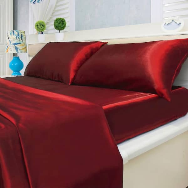 Luxury Home 4-Piece Red Solid Satin Microfiber King Ultra Soft Sheet Set