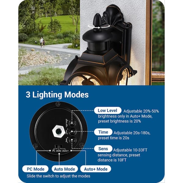 16.8 in. Black Motion Sensing Dusk to Dawn Outdoor Hardwired Wall Lantern Scone with No Bulbs Included