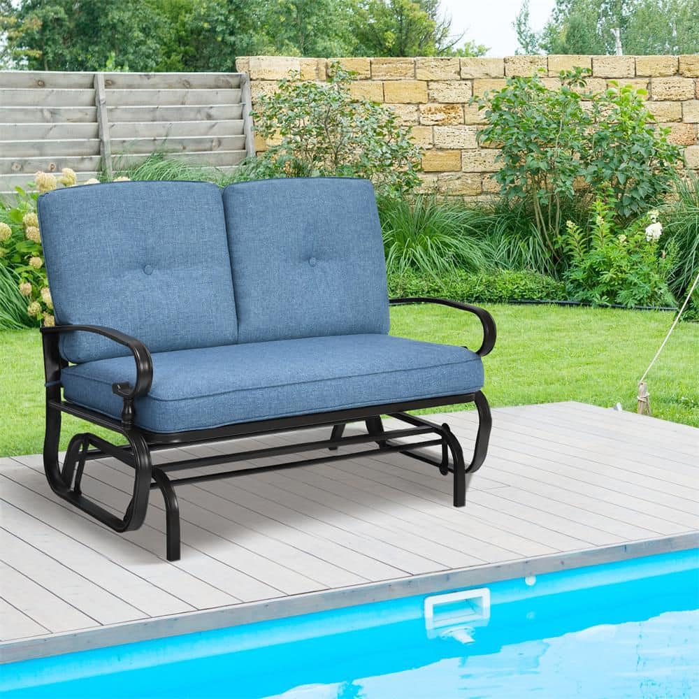 2-Person Outdoor Metal Bench Patio Swing Glider Chair with Cushions Rocking Chair Cushioned Sofa Blue price history on PriceWatchPro