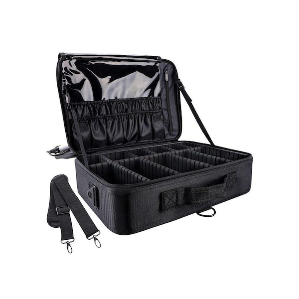 Black Large Capacity Travel Makeup Toletry Bag, Professional Cosmetic Organizer w/ Adjustable Dividers & Shoulder Strap