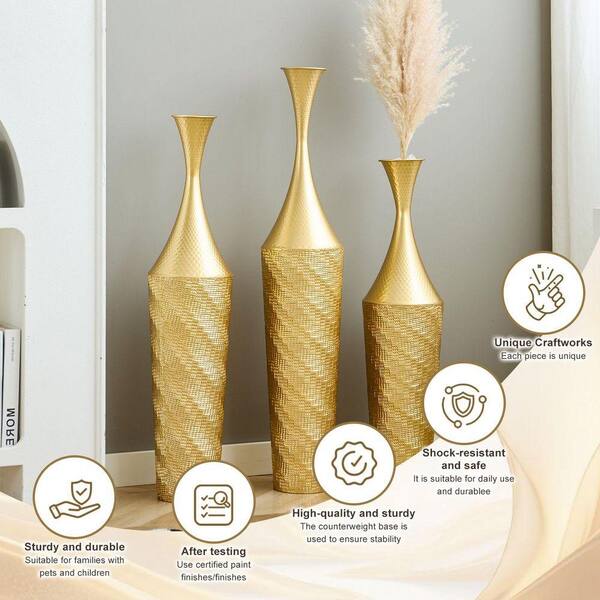 14 in. Handcrafted Rustproof Gold Metal Cylinder Decorative Floor Vase Set of 3 for Living Room Entryway Office Decor XZ-WP446201