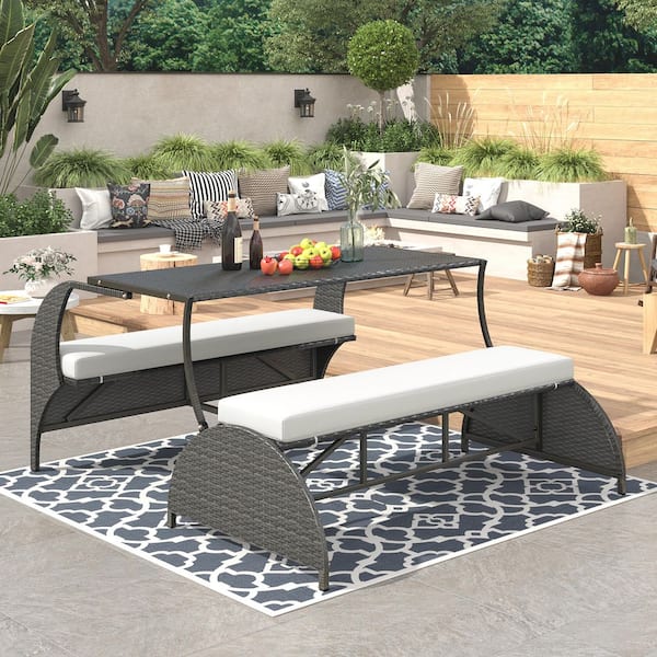 1-Piece Plastic (HDPE) Outdoor Dining Set, Loveseat and Convertible to 4-Seats and Table with Beige Cushion