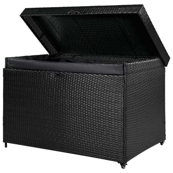 230 Gal. Wicker Deck Box with Wheels, All-Weather Outdoor Storage Box, Rattan Storage Bin, Black