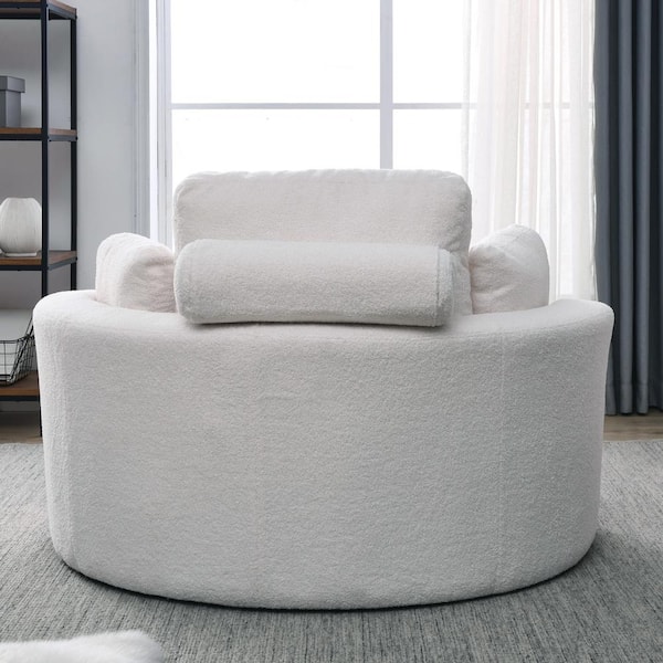 J E Home White Velvet Big Round Swivel Accent Barrel Chair with