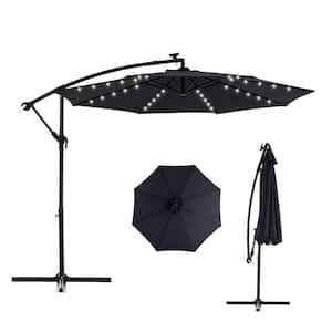 10 ft. Solar LED Patio Outdoor Umbrella Hanging Cantilever Umbrella with Adustmentable 40 Lights in Navy Blue