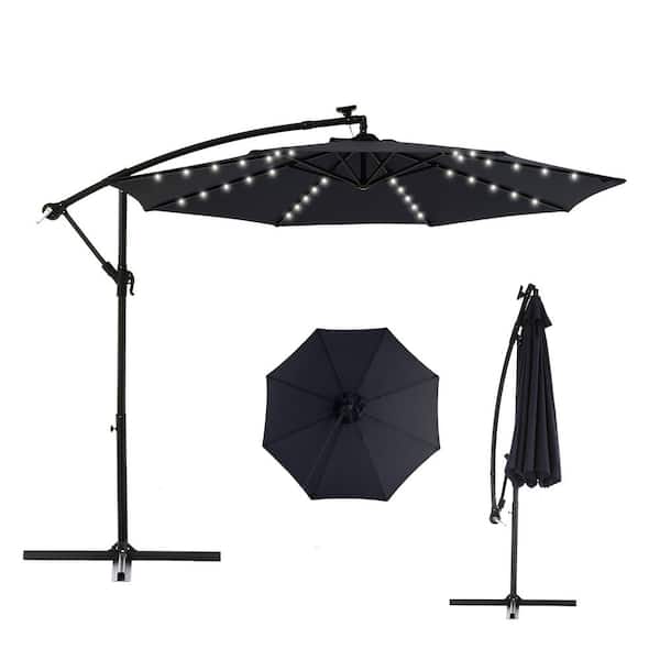 HOMEFUN 10 ft. Solar LED Patio Outdoor Umbrella Hanging Cantilever Umbrella with Adustmentable 40 Lights in Navy Blue