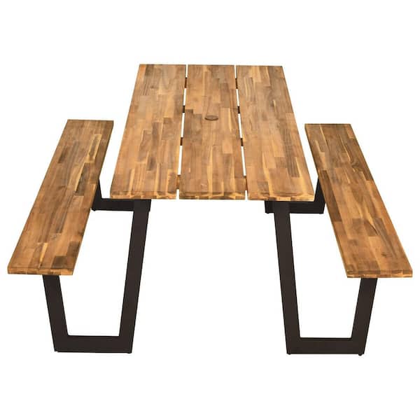 ANGELES HOME Rectangle Wood Picnic Table Dining Table Set with 2 Bench Seats and Umbrella Hole