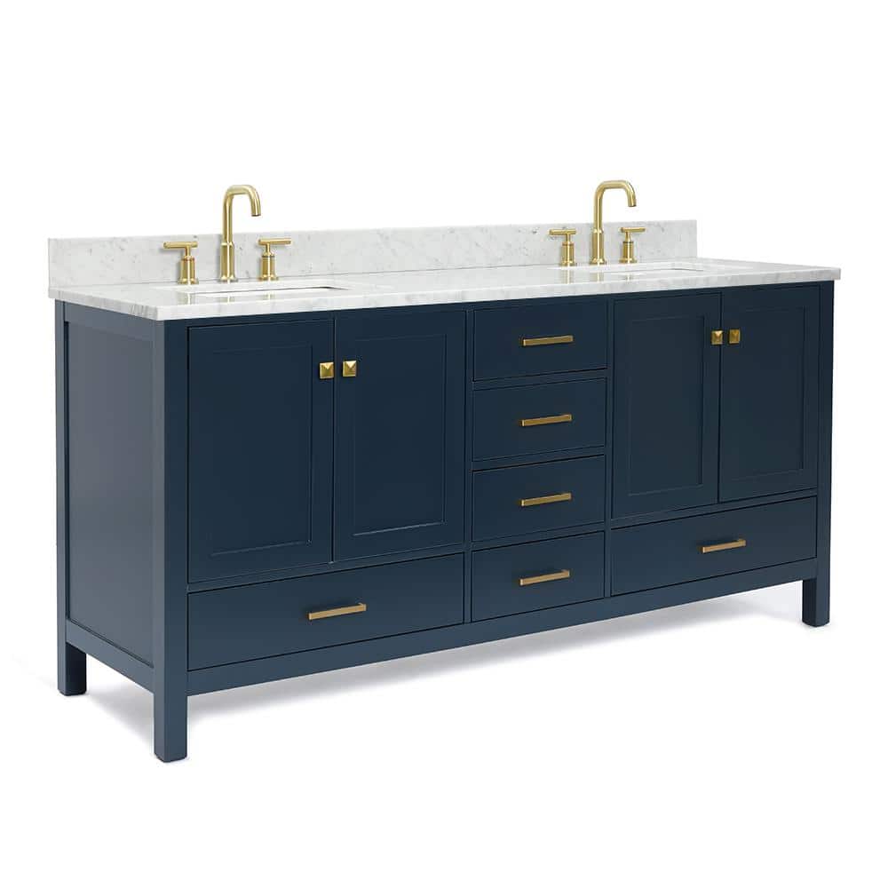 Midnight Blue Double Sink Vanity with White Marble Top