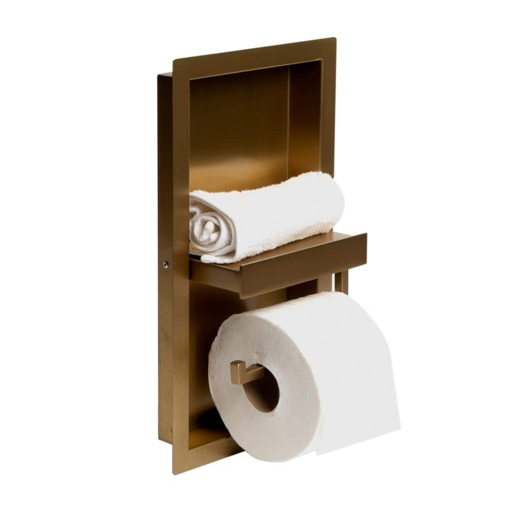 Brushed Gold Stainless Steel Wall-Mounted Toilet Paper Holder with Shelf
