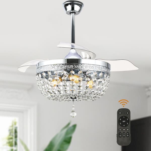 Luminelle 42 in. Chrome Crystal Ceiling Fan with Light Kit and Remote, 6 Speed Modern Fandelier with DC Motor