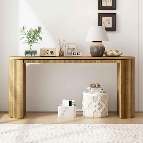 Polibi 59.2 in. Natural Rectangle Wood Console Table with Unique Vertical Stripe Design for Living Room, Study and Entrance