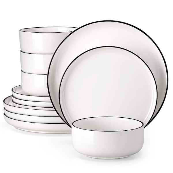 12-Piece White Color Black Rim Porcelain Dinnerware Set (Service Set for 4) Dinner Set Bowls and Plates Set