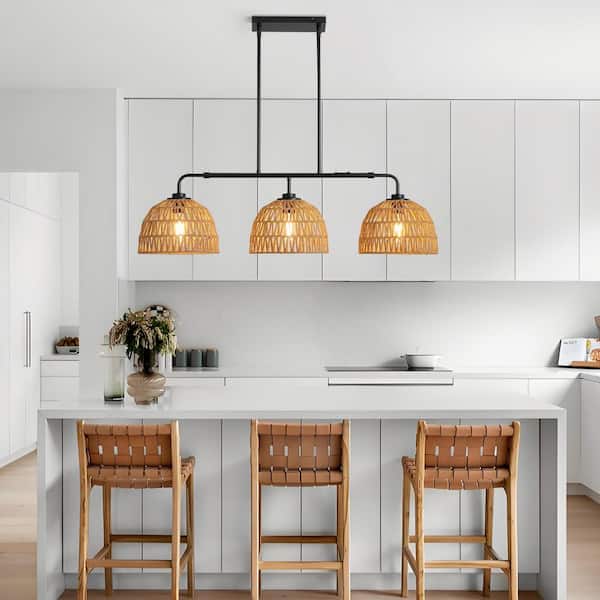 KAISITE 60-Watt 3-Light Vintage Black Rattan Pendant Light with