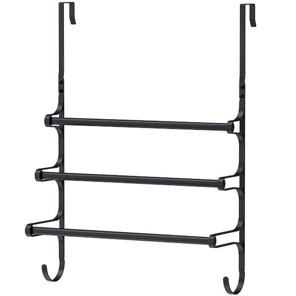 17.32 in. L 3-Bar Over The Door Towel Rack in Matte Black, Triple Towel Storage Holder with Hooks for Bathroom