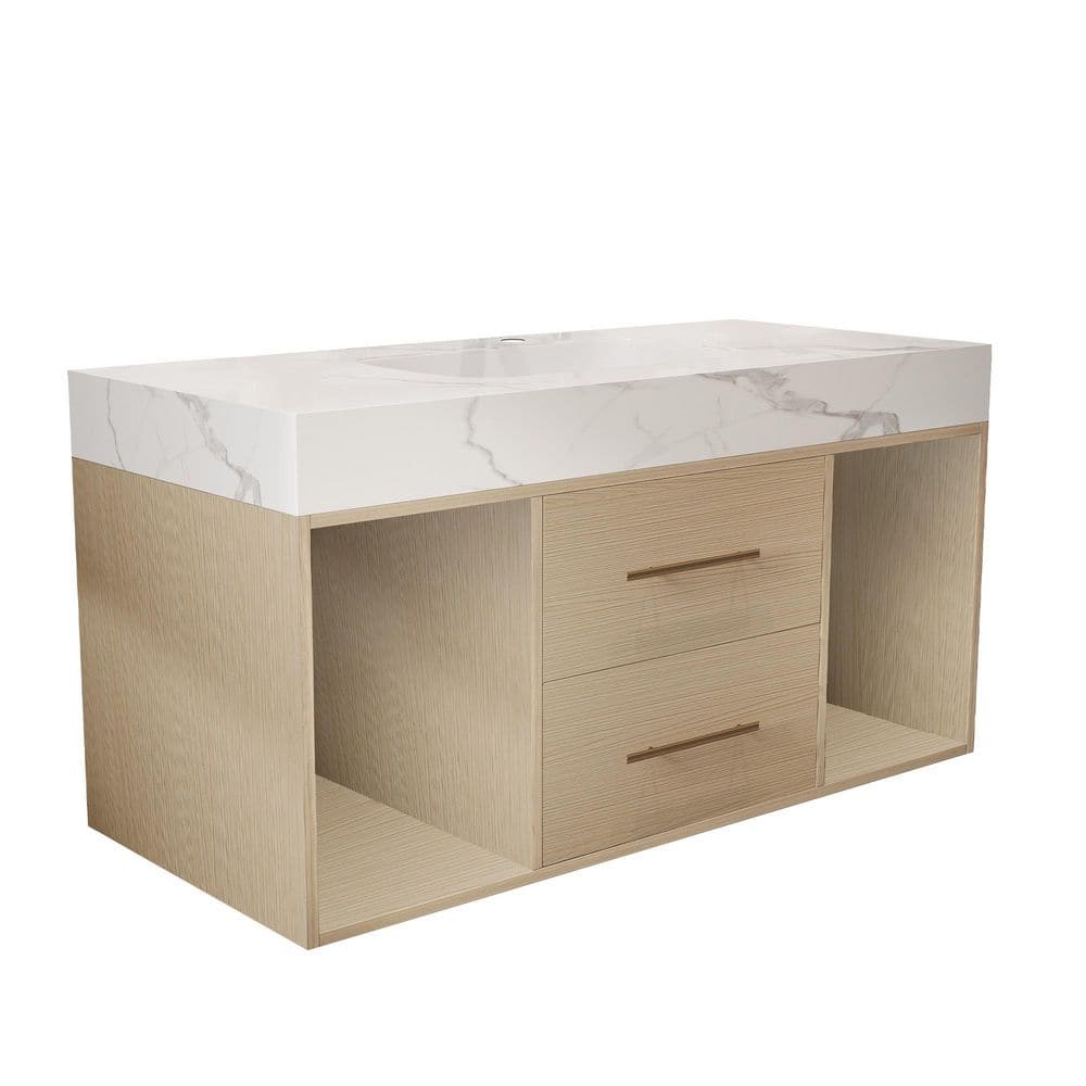 39.4 in. Single Sink Wall Mount Bath Vanity Natural Wood Cabinet with White Ceramic Top, 2 Soft Close Drawers