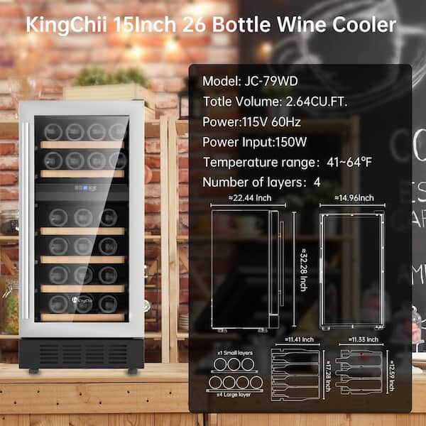 KingChii 15 in. 26 Bottle Compressor Dual Zone Wine Cooler