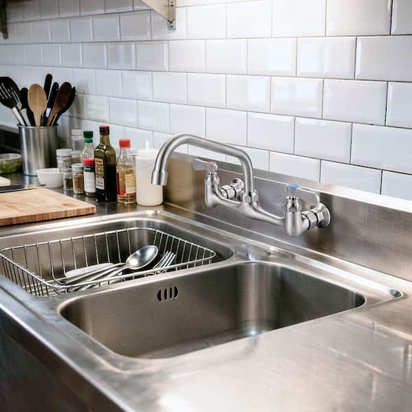Commercial Double Handle Wall Mounted Standard Kitchen Faucet with 8 in . Swivel Spout in Brushed Nickel
