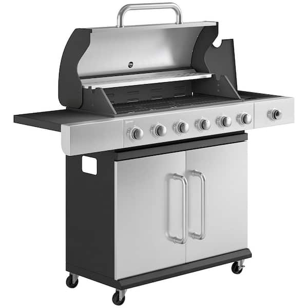 6-Burner Portable Propane Gas Grill in Black and Silver with Side Burner and Cabinet