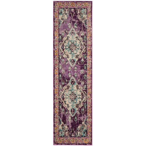 Monaco Violet/Light Blue 2 ft. x 12 ft. Distressed Border Medallion Runner Rug
