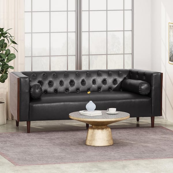 Noble House Faraway 90 in. Midnight Black Solid Faux Leather 3-Seat Tuxedo Sofa