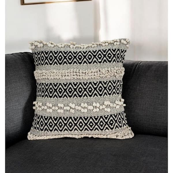 HomeRoots Beige, Black Striped Polyester 18 in. x 18 in. Throw Pillow