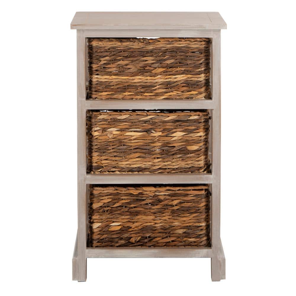 Transitional Brown Pine Wood Rectangular Side Table with 3 Wicker Baskets