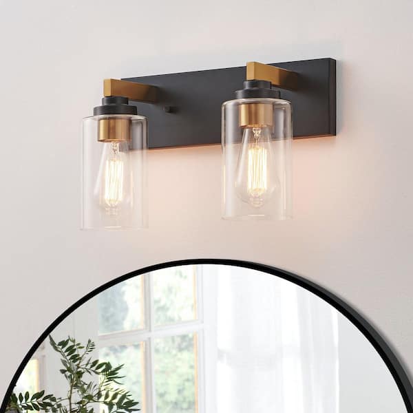 14.12 in. 2-Light Black and Brushed Gold Vanity Light with Clear Glass Shade