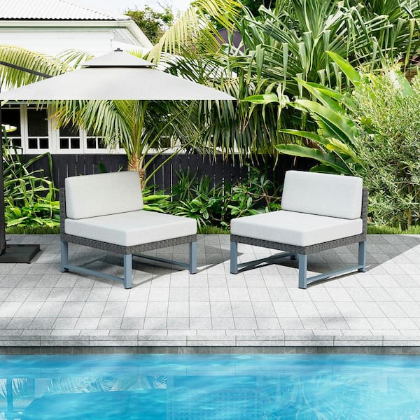 Unbranded Metal 2-Piece Outdoor Patio Furniture Sectional Sofa Black Wicker Middle Chairs with Light Gray Cushions