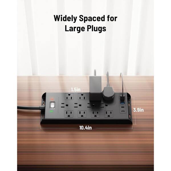 Unbranded - 10' Flat Plug Surge Protector Power Strip Heavy Duty Round Extension Cord, 12-Outlets, 2-USB C and a Port PD20W Charging