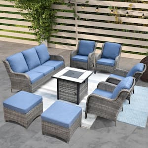 Vincent Gray 8-Piece Wicker Outdoor Patio Fire Pit Seating Sofa Set and with Denim Blue Cushions