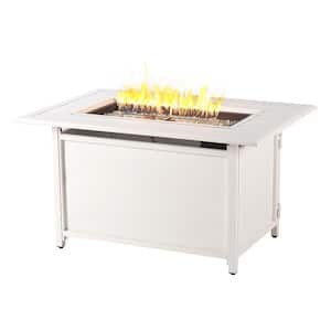 46 in. x 31 in. White Rectangular Aluminum Propane Fire Pit Table, Glass Beads, 2 Covers, Lid, 55,000 BTUs