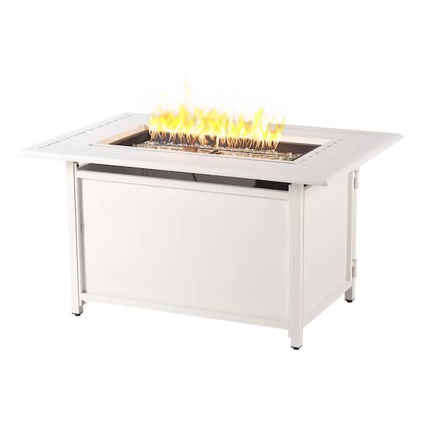 Oakland Living 46 in. x 31 in. White Rectangular Aluminum Propane Fire Pit Table, Glass Beads, 2 Covers, Lid, 55,000 BTUs