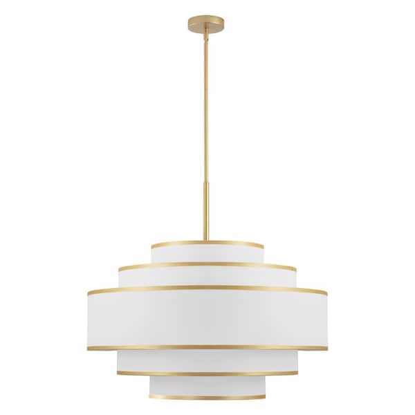 30 in. 7-Light Gold Tiered Drum Chandelier with White Fabric Shades