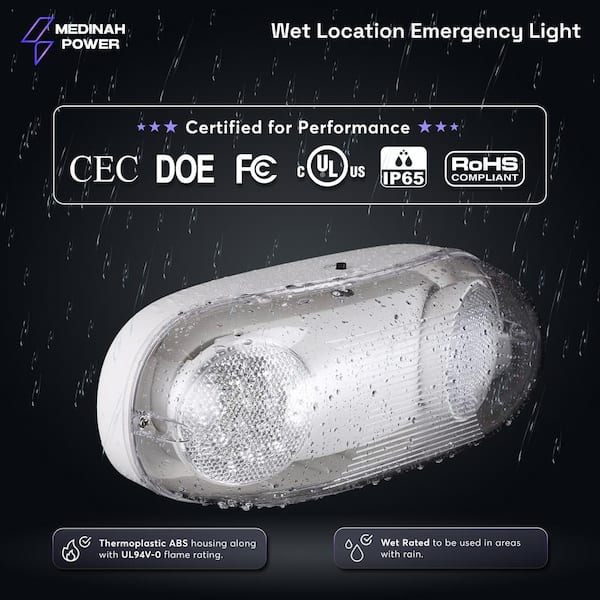 Medinah Power Integrated LED Emergency Light with 2 Round Adjustable Lamps, 90 Min Backup, Damp Rated, UL Listed, 120/277VAC, White DH-EL-RD