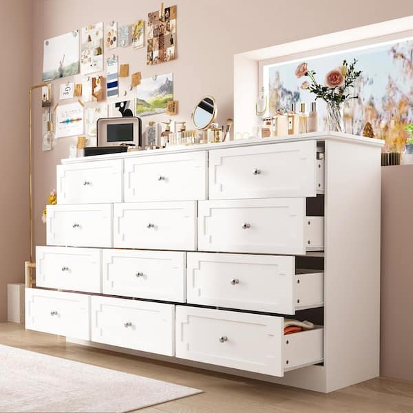 White 12-Drawers 61 in. Width x 35.4 in. Height Wooden Dresser without Mirror, Chest of Drawers with Silver Handle