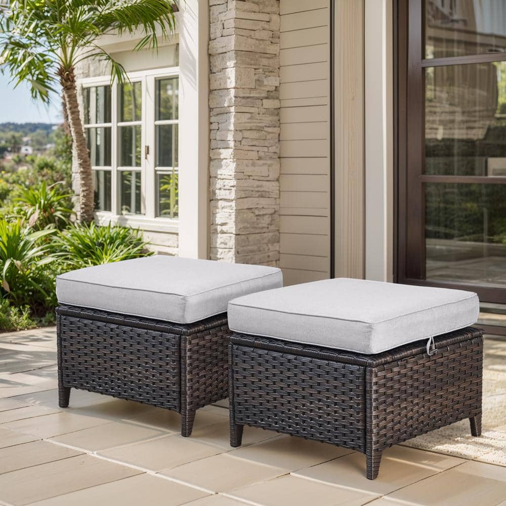 MoonLuxe Brown Wicker Outdoor Ottoman with Beige Cushions (2-Pack)