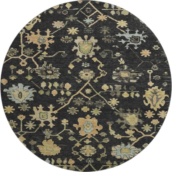 Mayfield Premium Machine Washable Abstract AMF1930 Black 8 ft. x 8 ft. Round Rug