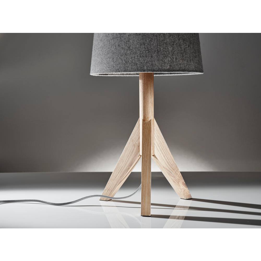 Natural Ash Wood Tripod Table Lamp with Gray Fabric Shade