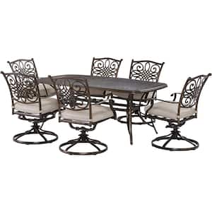 Renditions 7-Piece Aluminum Outdoor Dining Set with Sunbrella Silver Cushions, 6 Swivel Rockers and 38x72 in. Table