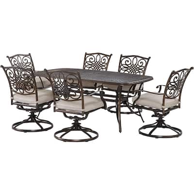 Renditions 7-Piece Aluminum Outdoor Dining Set with Sunbrella Silver Cushions, 6 Swivel Rockers and 38x72 in. Table
