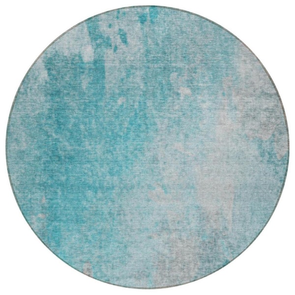 Teal 8 ft. Round Woven Abstract Round Indoor/Outdoor Area Rug
