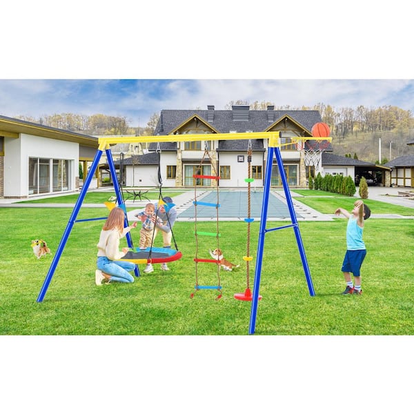 Unbranded LN20232333 Metal Outdoor Swing Set with Disc Tree Swing Playset and Basketball Hoop - 3
