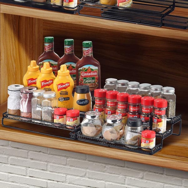 3 Tier Expandable Spice Rack Organizer Black for Cabinet Pantry Countertop Seasoning Shelf