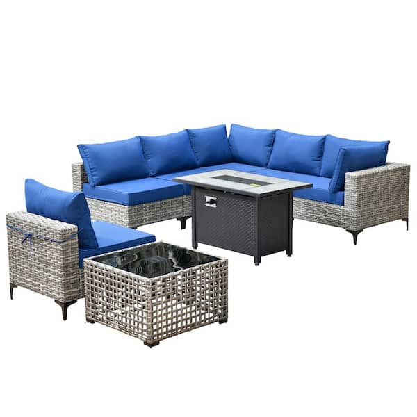 Howell 8-Piece Wicker Outdoor Patio Conversation Sofa Furniture Set with a Metal Fire Pit and Navy Blue Cushions