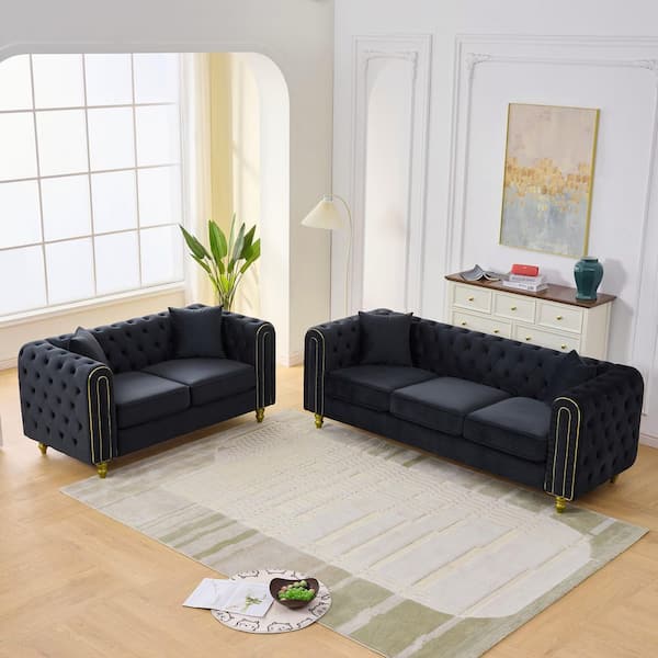 Hayley 2-Piece 86 in. Rolled Arm Velvet Rectangle 3+2 Seater Tufted Loveseat Sofa in Black with Gold Legs, Pillows